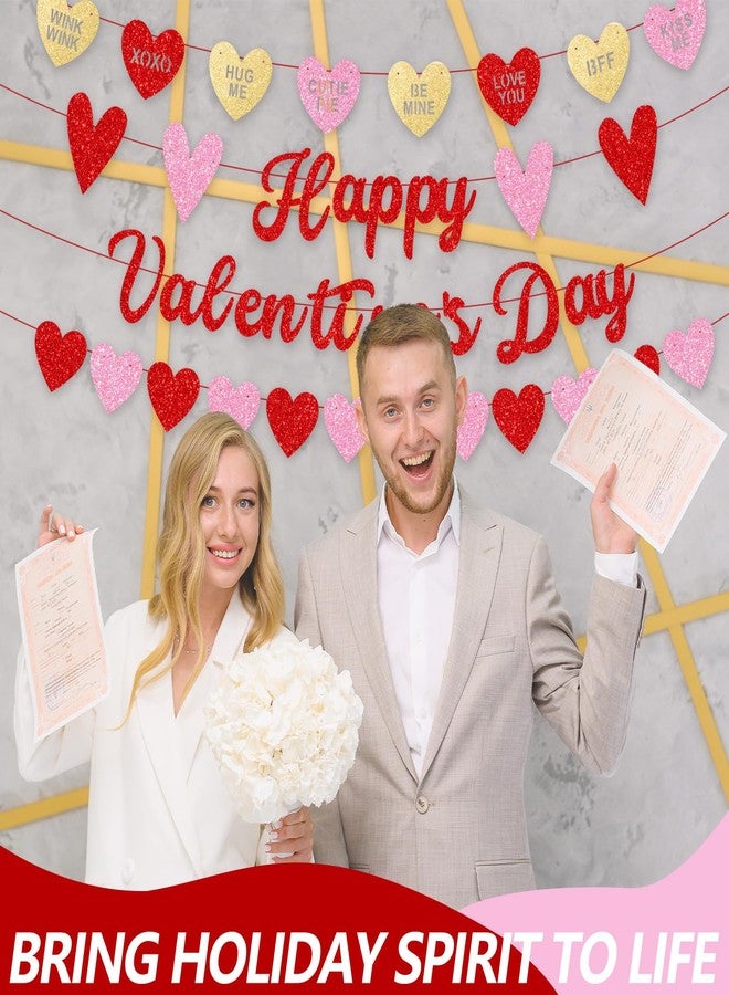 لافتة عيد حب سعيد مع إكليل قلوب وعبارات حب لامعة، زينة حفلات عيد الحب، دعامة تصوير رومانسية لحفلات الزفاف الداخلية والخارجية، والذكرى السنوية، والمناسبات ذات الطابع الرومانسي - Image 5